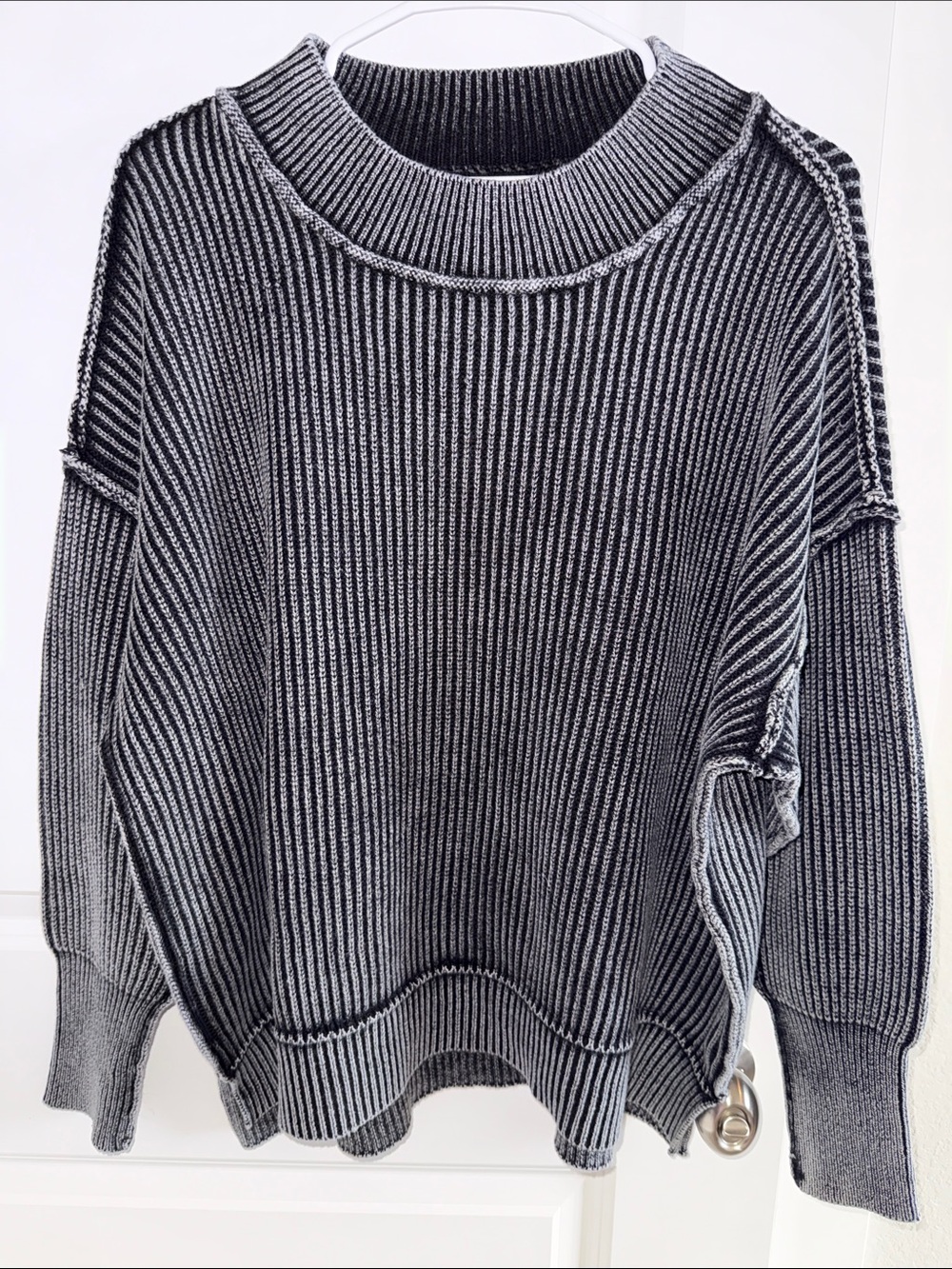 Zenana Outfitters Black and Gray Ribbed Crewneck Sweater